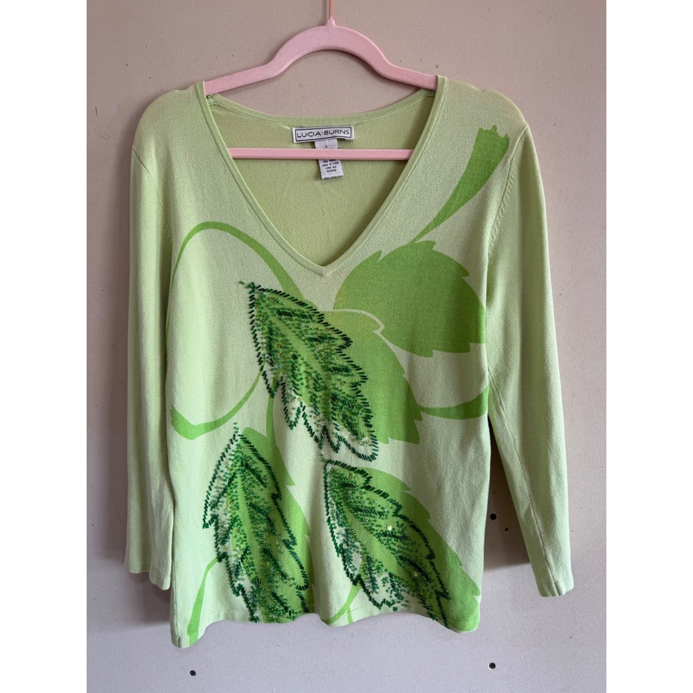 Y2K Style Lucia Burns Womens Large Lime Green Silk Blend Beaded Leaf V-Neck Top
